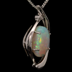 White Gold Blue Green Solid Australian Crystal Opal and Diamond Pendant Necklace
