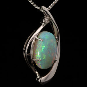White Gold Blue Green Solid Australian Crystal Opal and Diamond Pendant Necklace