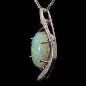 White Gold Blue Green Solid Australian Crystal Opal and Diamond Pendant Necklace