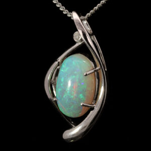 White Gold Blue Green Solid Australian Crystal Opal and Diamond Pendant Necklace