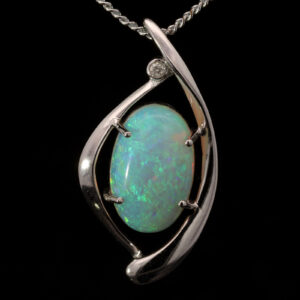 White Gold Blue Green Solid Australian Crystal Opal and Diamond Pendant Necklace