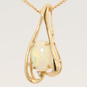 Yellow Gold Blue Green Yellow Orange Solid Australian Crystal Opal and Diamond Pendant Necklace