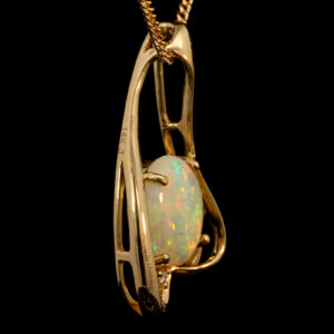 Yellow Gold Blue Green Yellow Orange Solid Australian Crystal Opal and Diamond Pendant Necklace