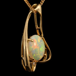 Yellow Gold Blue Green Yellow Orange Solid Australian Crystal Opal and Diamond Pendant Necklace