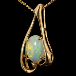 Yellow Gold Blue Green Yellow Orange Solid Australian Crystal Opal and Diamond Pendant Necklace