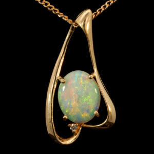 Yellow Gold Blue Green Yellow Orange Solid Australian Crystal Opal and Diamond Pendant Necklace