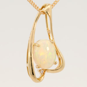 Yellow Gold Blue Green Yellow Orange Solid Australian Crystal Opal and Diamond Pendant Necklace