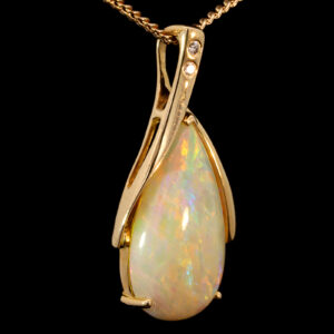 Yellow Gold Blue Green Yellow Orange Solid Australian Crystal Opal and Diamond Pendant Necklace