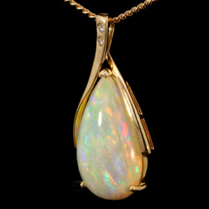 Yellow Gold Blue Green Yellow Orange Solid Australian Crystal Opal and Diamond Pendant Necklace