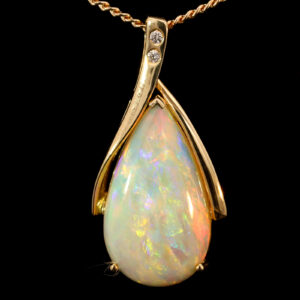 Yellow Gold Blue Green Yellow Orange Solid Australian Crystal Opal and Diamond Pendant Necklace