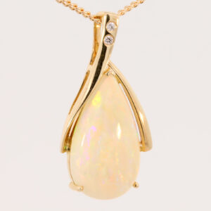 Yellow Gold Blue Green Yellow Orange Solid Australian Crystal Opal and Diamond Pendant Necklace
