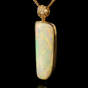 Yellow Gold Blue Green Yellow Orange Solid Australian Crystal Opal Diamond Pendant Necklace