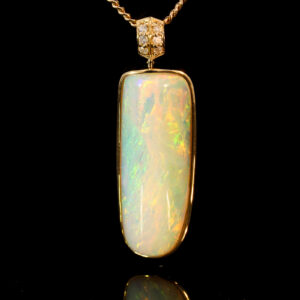 Yellow Gold Blue Green Yellow Orange Solid Australian Crystal Opal Diamond Pendant Necklace