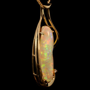 Yellow Gold Blue Green Yellow Orange Red Solid Australian Crystal Opal and Diamond Pendant Necklace