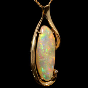 Yellow Gold Blue Green Yellow Orange Red Solid Australian Crystal Opal and Diamond Pendant Necklace