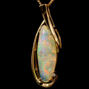 Yellow Gold Blue Green Yellow Orange Red Solid Australian Crystal Opal and Diamond Pendant Necklace