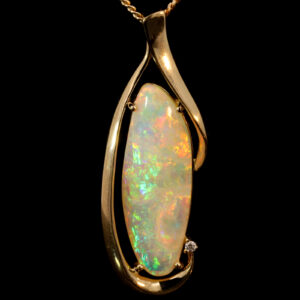 Yellow Gold Blue Green Yellow Orange Red Solid Australian Crystal Opal and Diamond Pendant Necklace