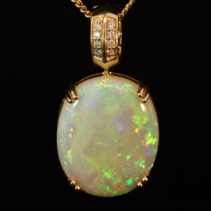 Yellow Gold Blue Green Yellow Orange Red Solid Australian Crystal Opal and Diamond Pendant Necklace