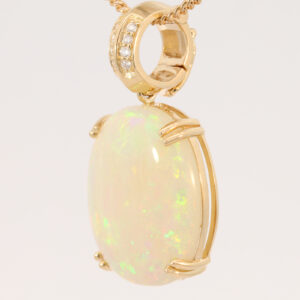 Yellow Gold Blue Green Yellow Orange Red Solid Australian Crystal Opal and Diamond Pendant Necklace