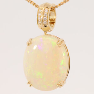 Yellow Gold Blue Green Yellow Orange Red Solid Australian Crystal Opal and Diamond Pendant Necklace