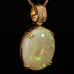 Yellow Gold Blue Green Yellow Orange Red Solid Australian Crystal Opal and Diamond Pendant Necklace
