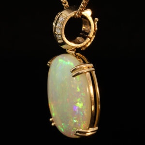Yellow Gold Blue Green Yellow Orange Red Solid Australian Crystal Opal and Diamond Pendant Necklace