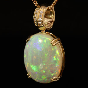 Yellow Gold Blue Green Yellow Orange Red Solid Australian Crystal Opal and Diamond Pendant Necklace