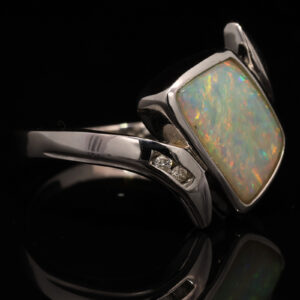 White Gold Blue Green Yellow Orange Solid Australian Crystal Opal and Diamond Engagement Ring