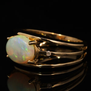 Yellow Gold Blue Green Yellow Orange Solid Australian Crystal Opal and Diamond Engagement Ring