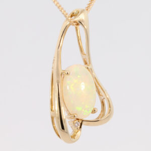 Yellow Gold Blue Green Yellow Orange Solid Australian Crystal Opal and Diamond Pendant Necklace