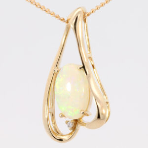 Yellow Gold Blue Green Yellow Orange Solid Australian Crystal Opal and Diamond Pendant Necklace