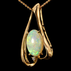 Yellow Gold Blue Green Yellow Orange Solid Australian Crystal Opal and Diamond Pendant Necklace