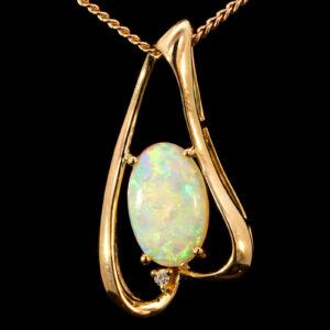 Yellow Gold Blue Green Yellow Orange Solid Australian Crystal Opal and Diamond Pendant Necklace