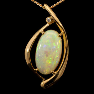 Yellow Gold Blue Green Yellow Orange Solid Australian Crystal Opal and Diamond Pendant Necklace