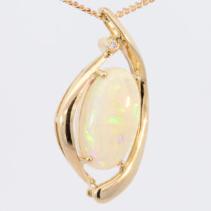 Yellow Gold Blue Green Yellow Orange Solid Australian Crystal Opal and Diamond Pendant Necklace