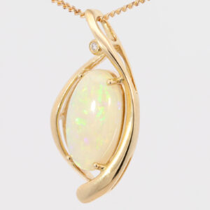 Yellow Gold Blue Green Yellow Orange Solid Australian Crystal Opal and Diamond Pendant Necklace