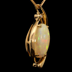 Yellow Gold Blue Green Yellow Orange Solid Australian Crystal Opal and Diamond Pendant Necklace