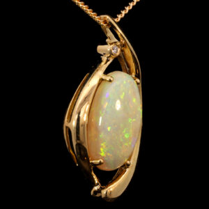 Yellow Gold Blue Green Yellow Orange Solid Australian Crystal Opal and Diamond Pendant Necklace