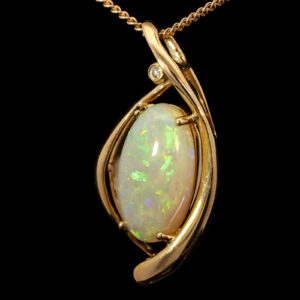 Yellow Gold Blue Green Yellow Orange Solid Australian Crystal Opal and Diamond Pendant Necklace