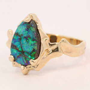 Yellow Gold Blue Green Solid Australian Boulder Opal Engagement Ring