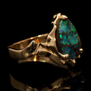 Yellow Gold Blue Green Solid Australian Boulder Opal Engagement Ring