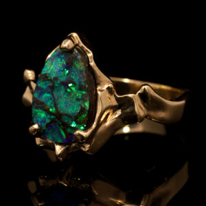 Yellow Gold Blue Green Solid Australian Boulder Opal Engagement Ring