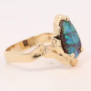 Yellow Gold Blue Green Solid Australian Boulder Opal Engagement Ring