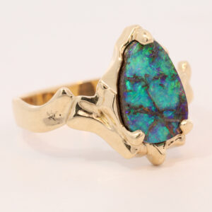 Yellow Gold Blue Green Solid Australian Boulder Opal Engagement Ring