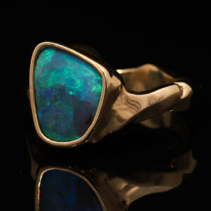 Yellow Gold Blue Green Solid Australian Boulder Opal Engagement Ring