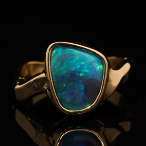 Yellow Gold Blue Green Solid Australian Boulder Opal Engagement Ring