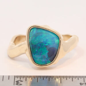 Yellow Gold Blue Green Solid Australian Boulder Opal Engagement Ring