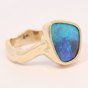 Yellow Gold Blue Green Solid Australian Boulder Opal Engagement Ring