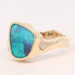 Yellow Gold Blue Green Solid Australian Boulder Opal Engagement Ring