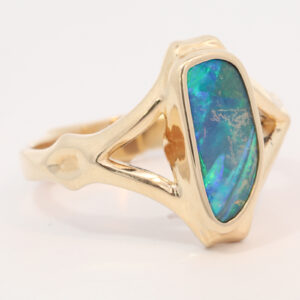 Yellow Gold Blue Green Solid Australian Boulder Opal Engagement Ring